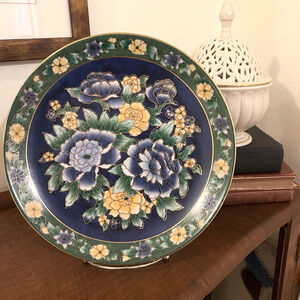 Decorative Plate Andrea Sadek 10" Floral Blue Green Heavy Ceramic Home Decor